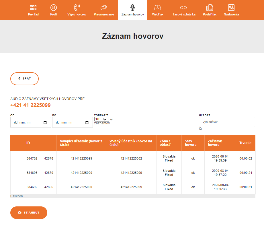 Rozhranie pre užívateľov - záznam hovorov Optimal Call.